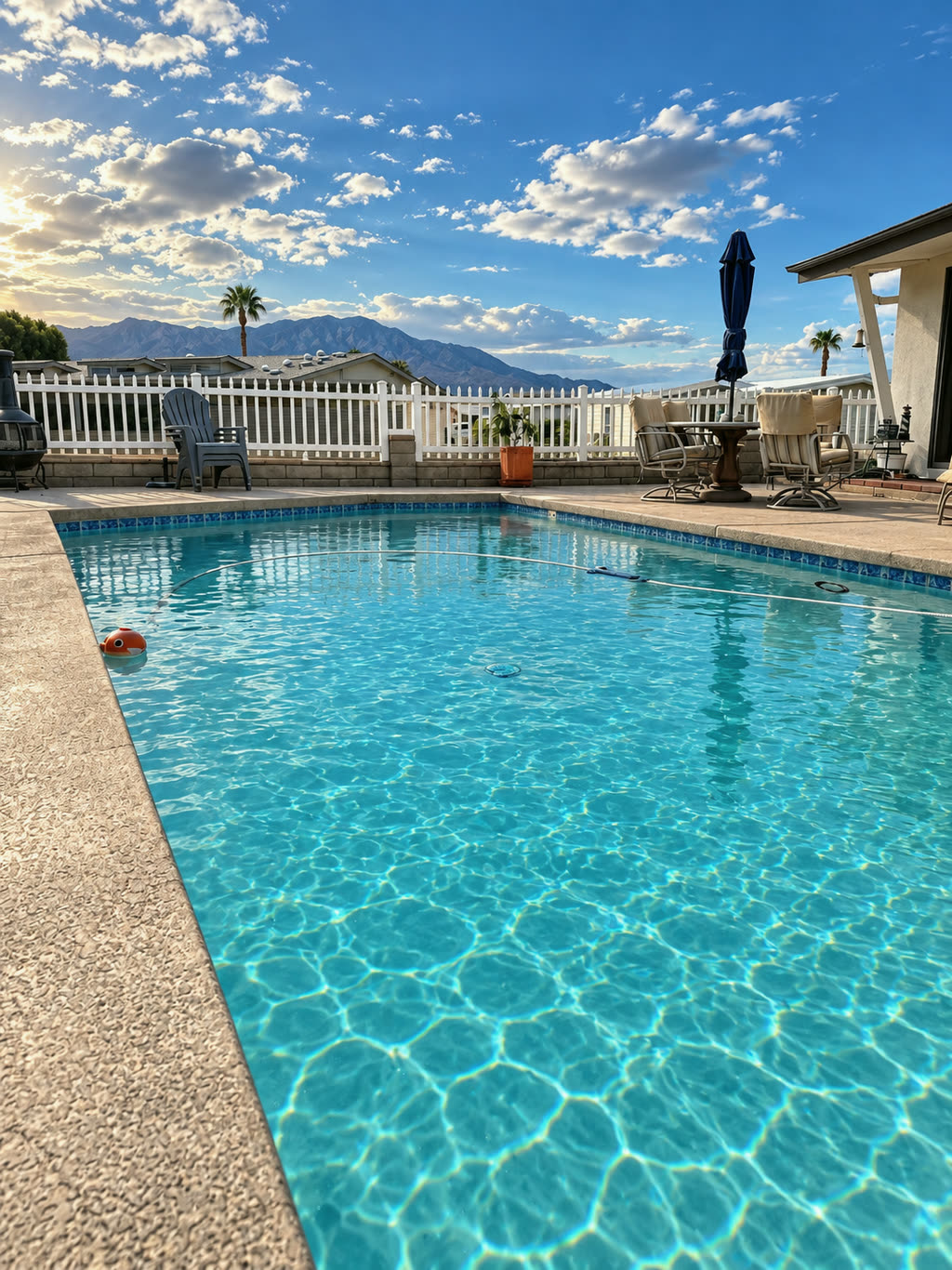 A clear backyard pool beside a shaded patio, with the mountains in the distance.
